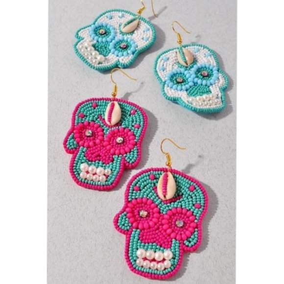 Beaded Sugar Skull Earrings | Pink & Turquoise Boho Dangle Statement Jewelry - Picture 5 of 6